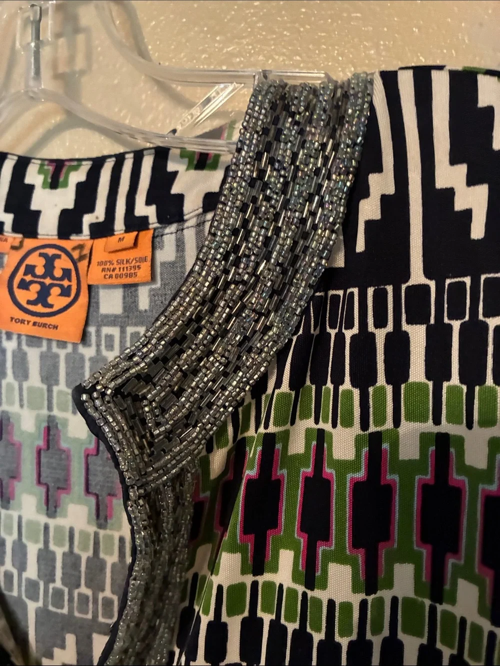 Tory Burch Navy & Green Printed V-Neck Tunic Top size m beaded